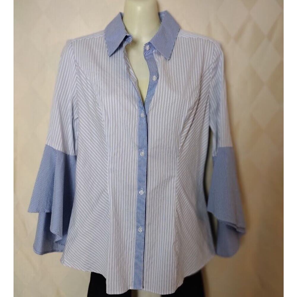 White House Black Market Bell‎ Sleeve Shirt, Sz 4, Striped w/Collar, Blue/Wht